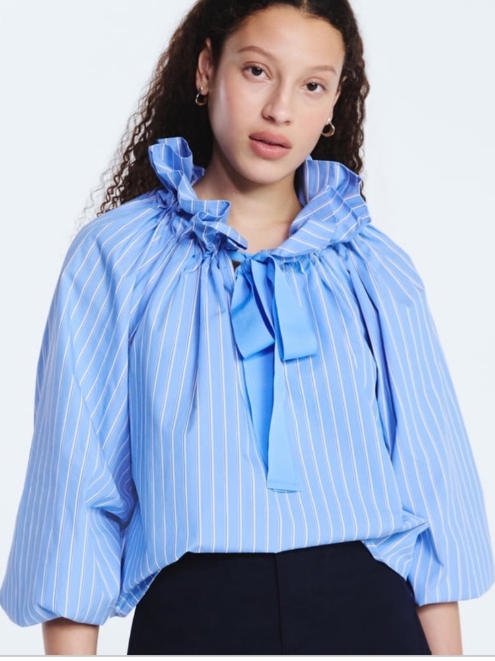 Free Assembly Women's Ruffle Tie Neck Cotton Top with Long Puff Sleeves, Size XS